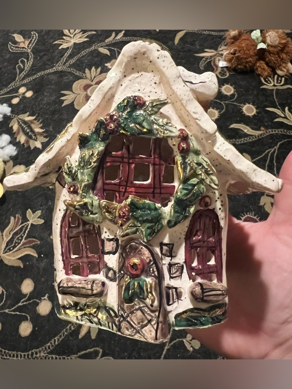 Blue Sky Heather Goldminc Christmas Cottage Tealight House Holly Berry Vintage